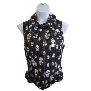 Y2K Tripp NYC Black White Skull Print Jean Vest Size L Gothic Grunge Punk